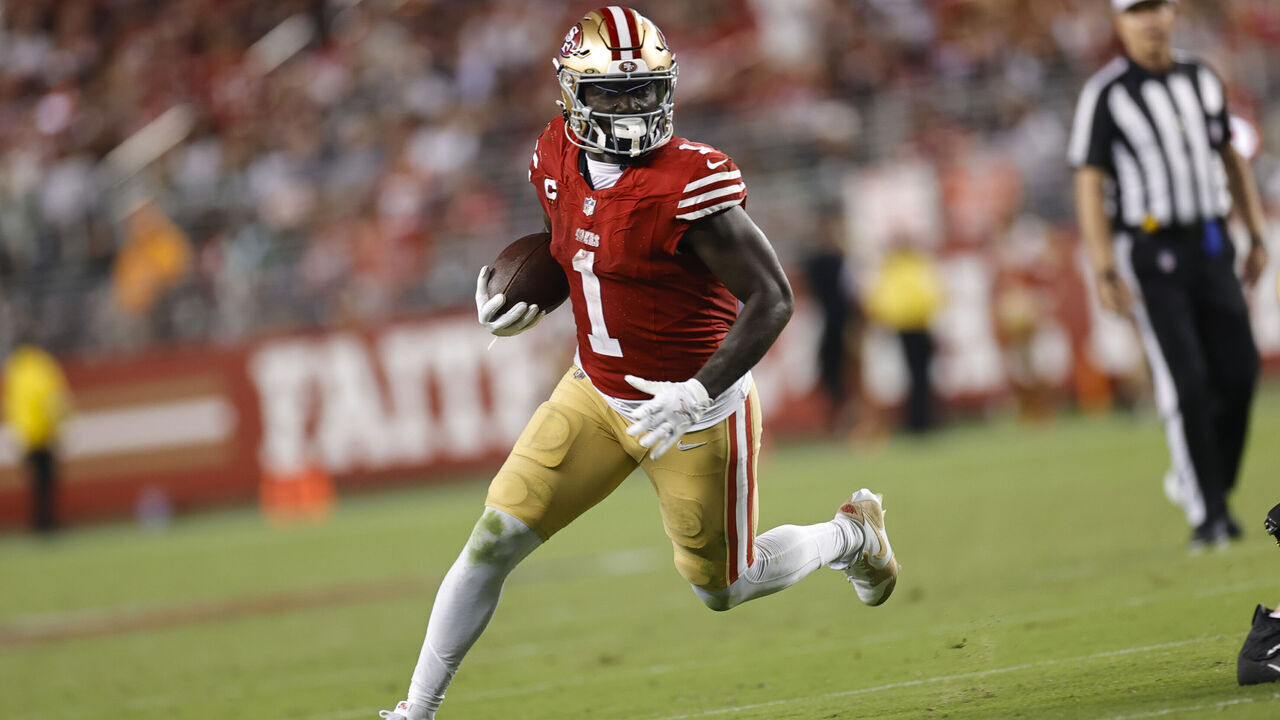 SANTA CLARA, CA - SEPTEMBER 9: Deebo Samuel Sr. #1 of the San Francisco 49ers rushes during the game against the New York Jets at Levi's Stadium on September 9, 2024 in Santa Clara, California. The 49ers defeated the Jets 32-19.