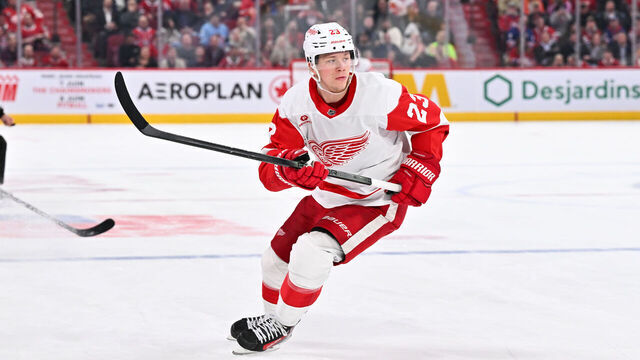 MONTREAL, CANADA - APRIL 16: Lucas Raymond #23 of the Detroit Red Wings skates during the third period against the Montreal Canadiens at the Bell Centre on April 16, 2024 in Montreal, Quebec, Canada. The Detroit Red Wings defeated the Montreal Canadiens 5-4 in a shootout.