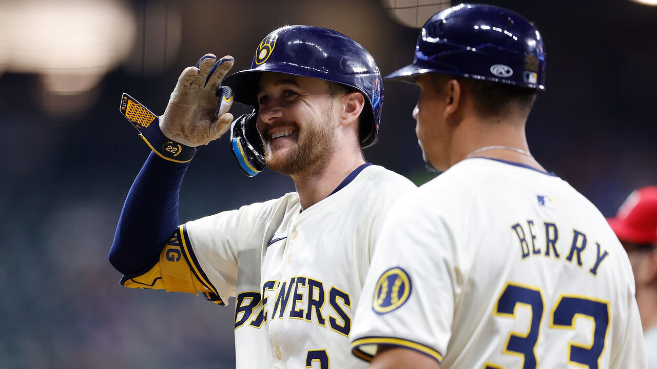 MILWAUKEE, WISCONSIN - SEPTEMBER 16: Brice Turang #2 of the Milwaukee Brewers reacts after hitting a RBI single in the sixth inning against the Philadelphia Phillies at American Family Field on September 16, 2024 in Milwaukee, Wisconsin.