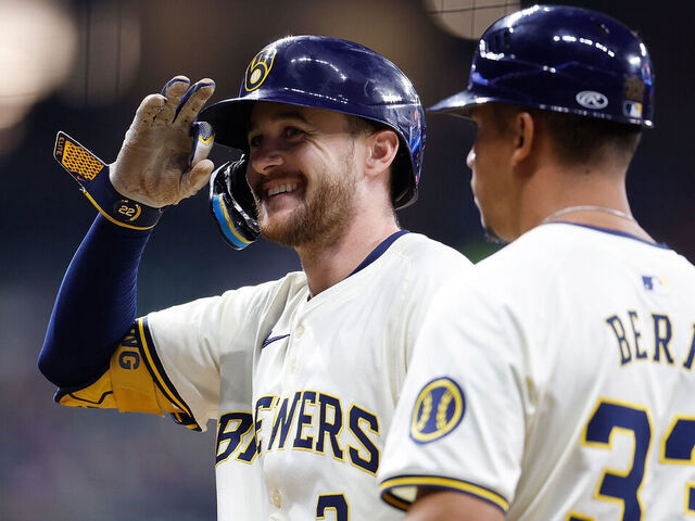 MILWAUKEE, WISCONSIN - SEPTEMBER 16: Brice Turang #2 of the Milwaukee Brewers reacts after hitting a RBI single in the sixth inning against the Philadelphia Phillies at American Family Field on September 16, 2024 in Milwaukee, Wisconsin.