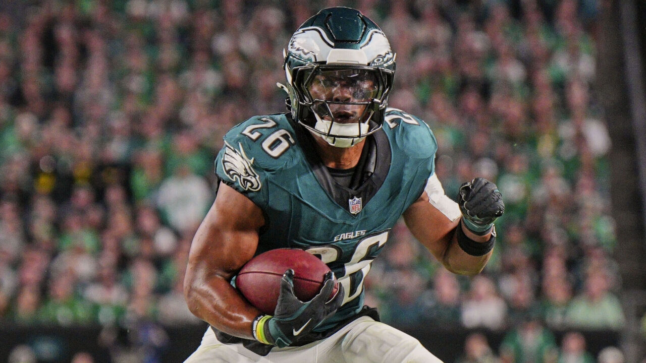 PHILADELPHIA, PA - SEPTEMBER 16: Philadelphia Eagles running back Saquon Barkley (26) rushes for a first down during the game between the Philadelphia Eagles and the Atlanta Falcons on September 15, 2024 at Lincoln Financial Field in Philadelphia, PA.