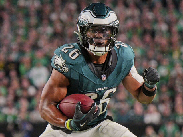PHILADELPHIA, PA - SEPTEMBER 16: Philadelphia Eagles running back Saquon Barkley (26) rushes for a first down during the game between the Philadelphia Eagles and the Atlanta Falcons on September 15, 2024 at Lincoln Financial Field in Philadelphia, PA.