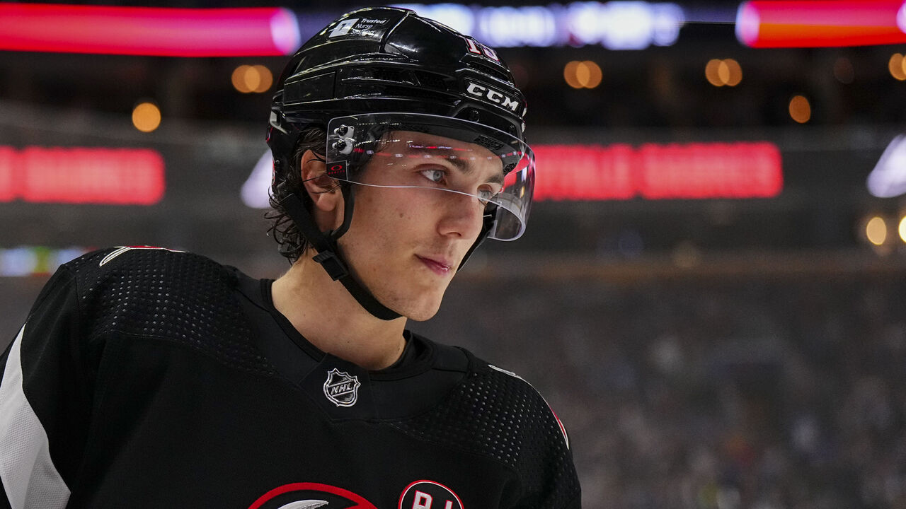 BUFFALO, NEW YORK - MARCH 30: Peyton Krebs #19 of the Buffalo Sabres waits during a break in play of an NHL game against the Toronto Maple Leafs on March 30, 2024 at KeyBank Center in Buffalo, New York.