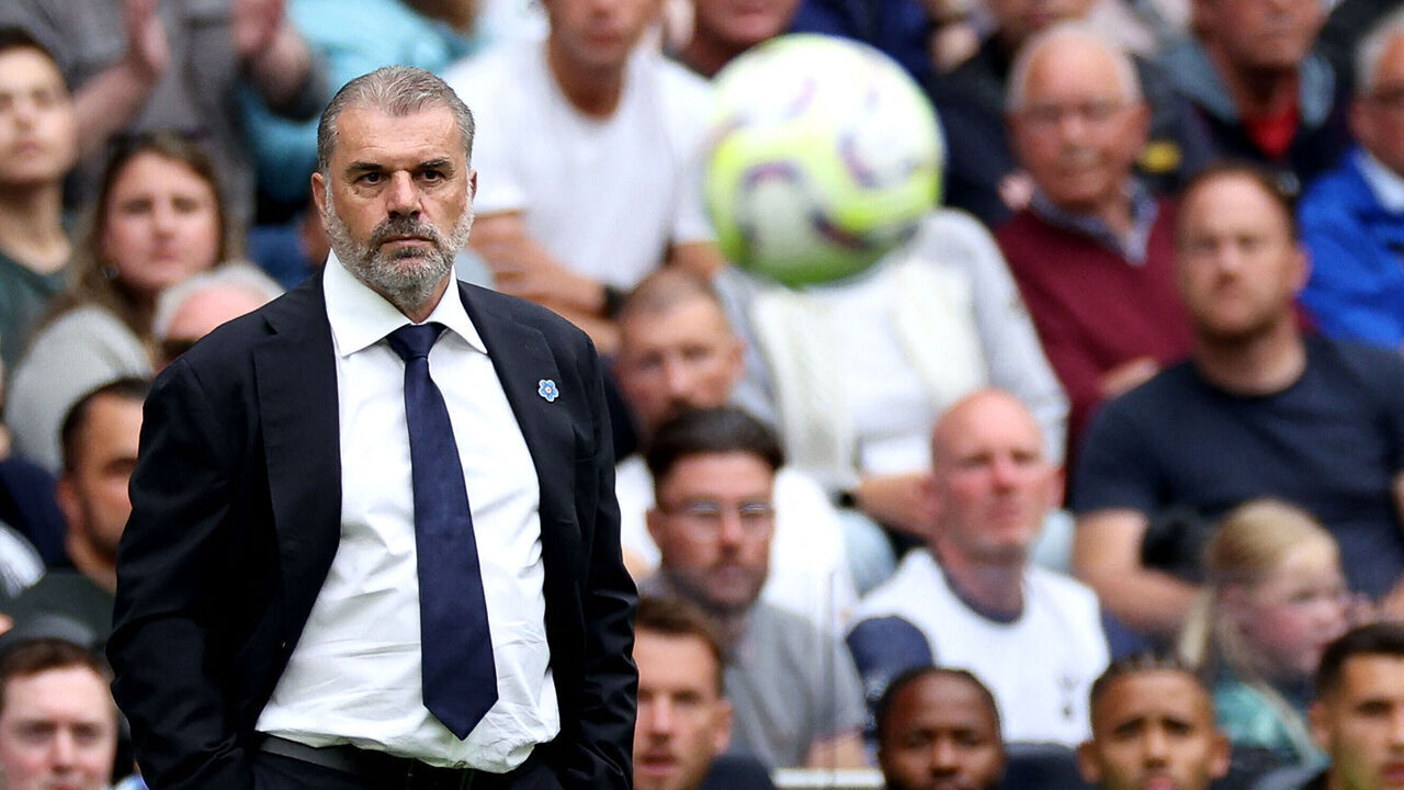 Tottenham Hotspur's Greek-Australian Head Coach Ange Postecoglou watches the players from the touchline during the English Premier League football match between Tottenham Hotspur and Arsenal at the Tottenham Hotspur Stadium in London, on September 15, 2024.