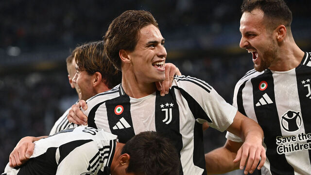 Juventus' Turkish forward #10 Kenan Yildiz (C) celebrates scoring his team's first goal during the UEFA Champions League 1st round day 1 football match between Juventus FC and PSV Eindhoven, at the Juventus Stadium in Turin on September 17, 2024.