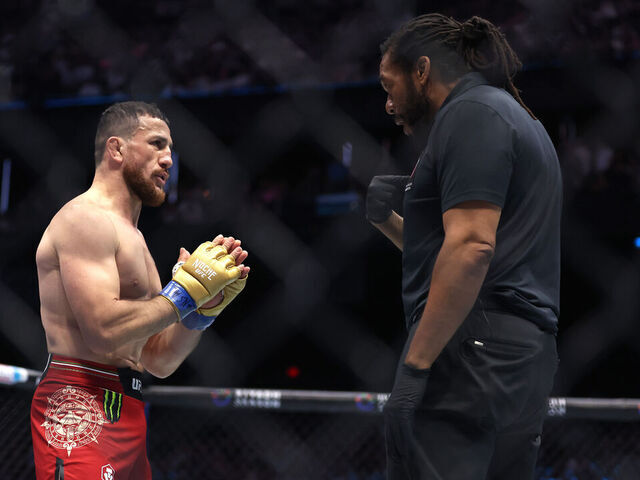 LAS VEGAS, NEVADA - SEPTEMBER 14: Merab Dvalishvili of Georgia (L) argues with the referee as the fight against Sean O’Malley of the United States begins for the bantamweight title during UFC 306: Riyadh Season Noche at Sphere on September 14, 2024 in Las Vegas, Nevada.