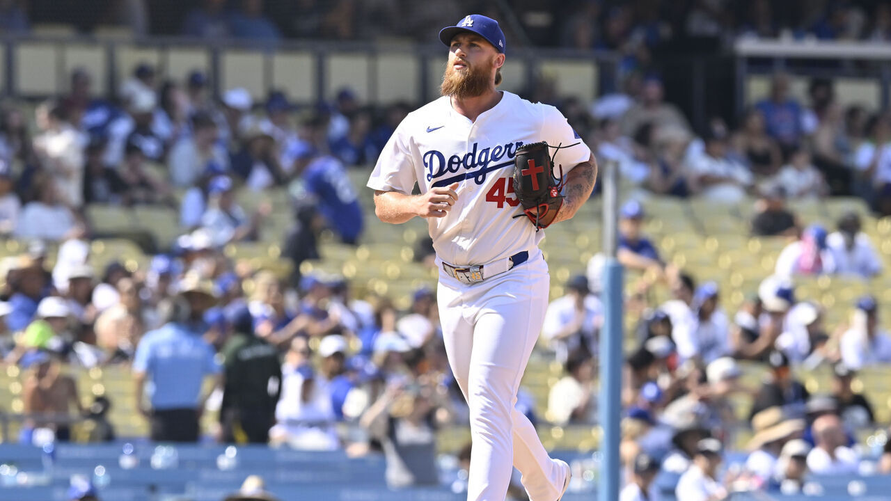 LOS ANGELES, CALIFORNIA - SEPTEMBER 8: Michael Kopech #45 of the Los Angeles Dodgers enters the game to pitch against the Cleveland Guardians at Dodger Stadium on September 8, 2024 in Los Angeles, California.