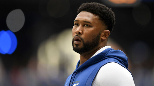 INDIANAPOLIS, IN - SEPTEMBER 08: Indianapolis Colts Defensive Tackle DeForest Buckner (99) warms up for the NFL game between the Houston Texans and the Indianapolis Colts on September 8, 2024, at Lucas Oil Stadium in Indianapolis, Indiana.