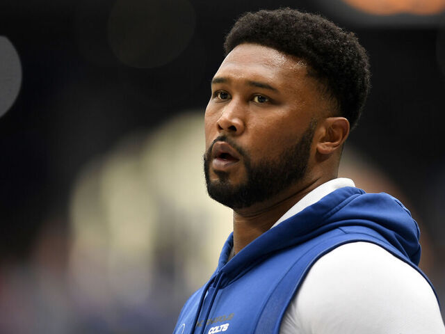INDIANAPOLIS, IN - SEPTEMBER 08: Indianapolis Colts Defensive Tackle DeForest Buckner (99) warms up for the NFL game between the Houston Texans and the Indianapolis Colts on September 8, 2024, at Lucas Oil Stadium in Indianapolis, Indiana.