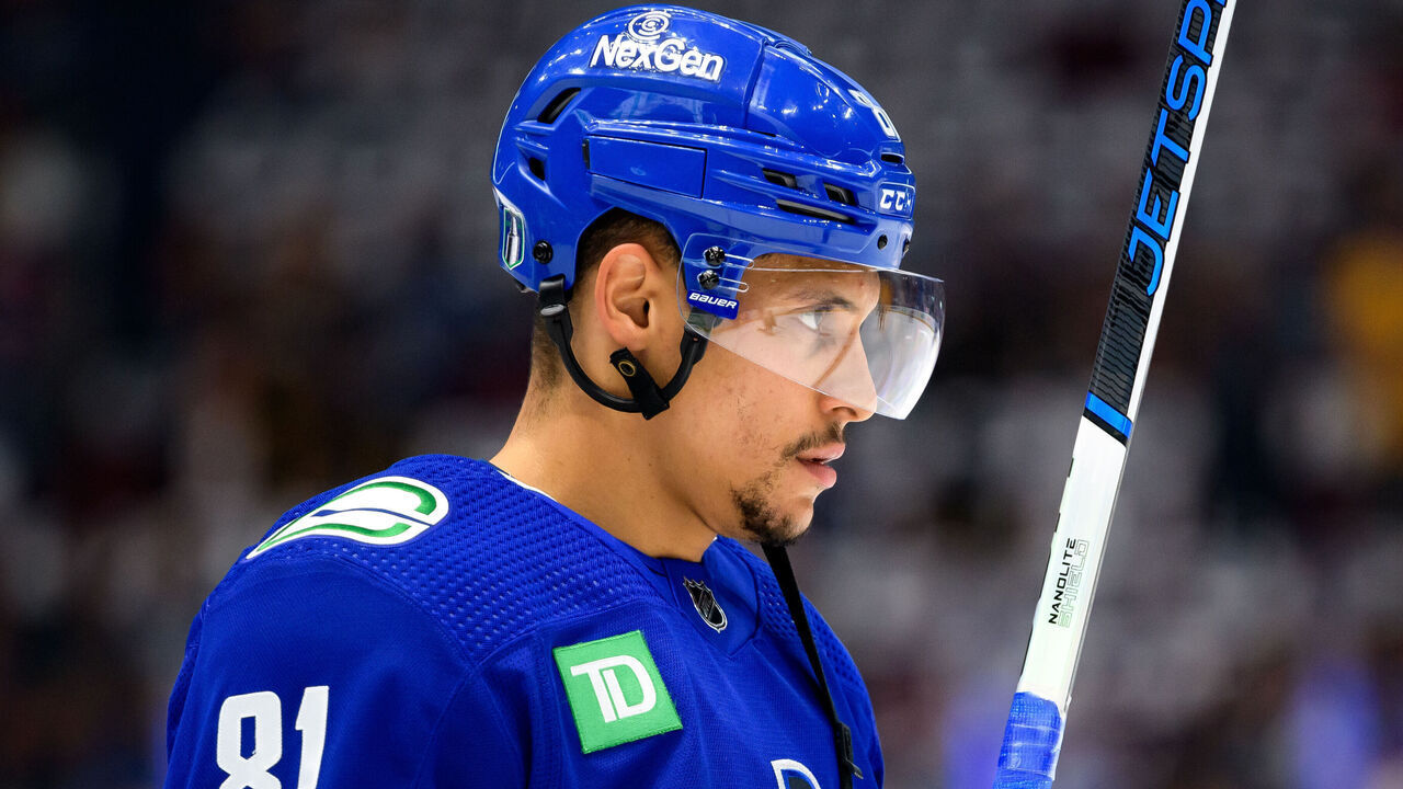 VANCOUVER, CANADA - MAY 10: Dakota Joshua #81 of the Vancouver Canucks looks on during warm-up prior to Game Two of the Second Round of the 2024 Stanley Cup Playoffs against the Edmonton Oilers at Rogers Arena on May 10, 2024 in Vancouver, British Columbia, Canada.