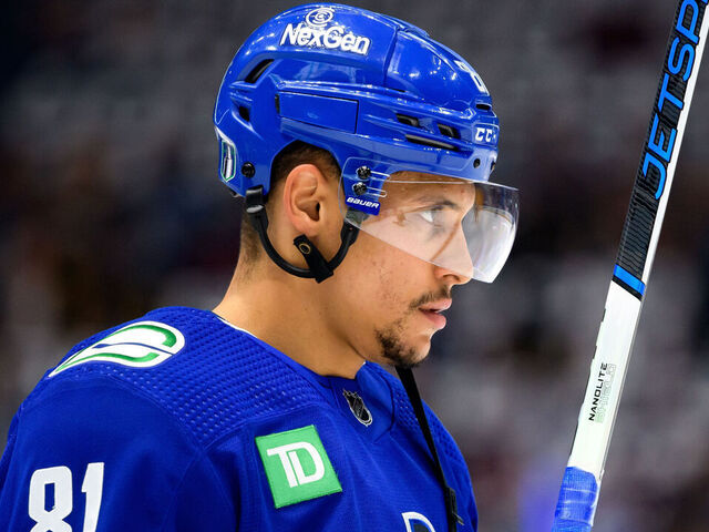 VANCOUVER, CANADA - MAY 10: Dakota Joshua #81 of the Vancouver Canucks looks on during warm-up prior to Game Two of the Second Round of the 2024 Stanley Cup Playoffs against the Edmonton Oilers at Rogers Arena on May 10, 2024 in Vancouver, British Columbia, Canada.