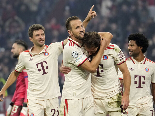 MUNICH, GERMANY - SEPTEMBER 17: Leon Goretzka of Bayern Munich celebrates scoring his team's ninth goal with teammate Harry Kane during the UEFA Champions League 2024/25 League Phase MD1 match between FC Bayern München and GNK Dinamo at Football Arena Munich on September 17, 2024 in Munich, Germany.