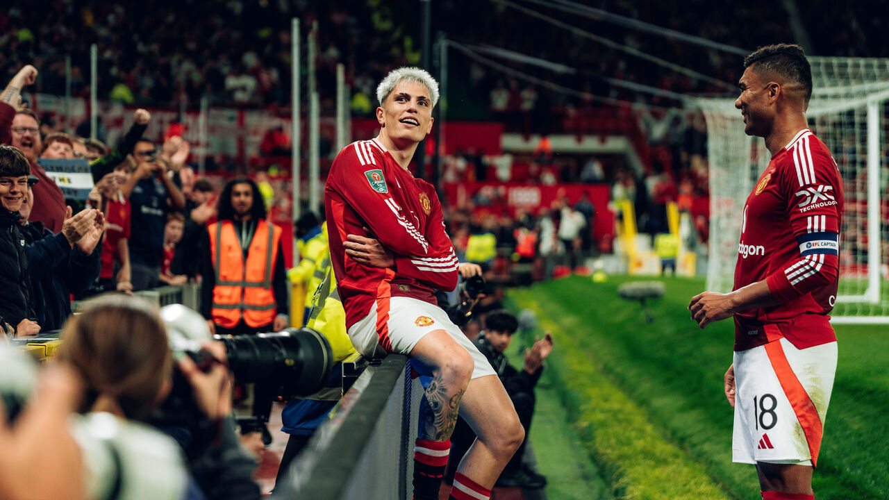 MANCHESTER, ENGLAND - SEPTEMBER 17: Alejandro Garnacho of Manchester United celebrates scoring their third goal during the Carabao Cup Third Round match between Manchester United and Barnsley at Old Trafford on September 17, 2024 in Manchester, England.