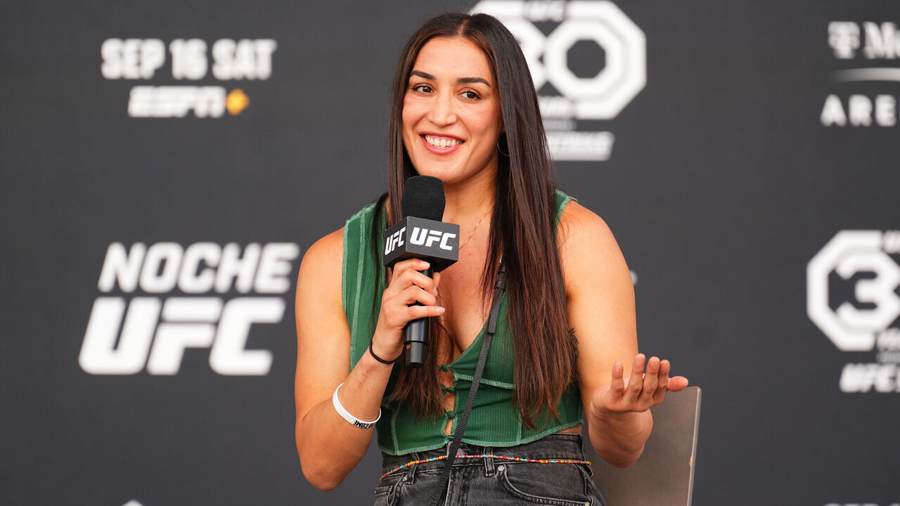 LAS VEGAS, NEVADA - SEPTEMBER 15: Tatiana Suarez participates in a Q&A session prior to the Noche UFC ceremonial weigh-in at Toshiba Plaza outside T-Mobile Arena on September 15, 2023 in Las Vegas, Nevada.