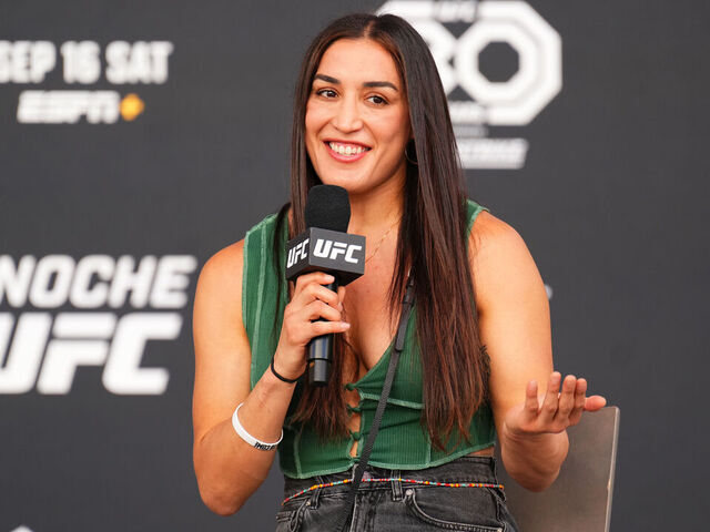LAS VEGAS, NEVADA - SEPTEMBER 15: Tatiana Suarez participates in a Q&A session prior to the Noche UFC ceremonial weigh-in at Toshiba Plaza outside T-Mobile Arena on September 15, 2023 in Las Vegas, Nevada.