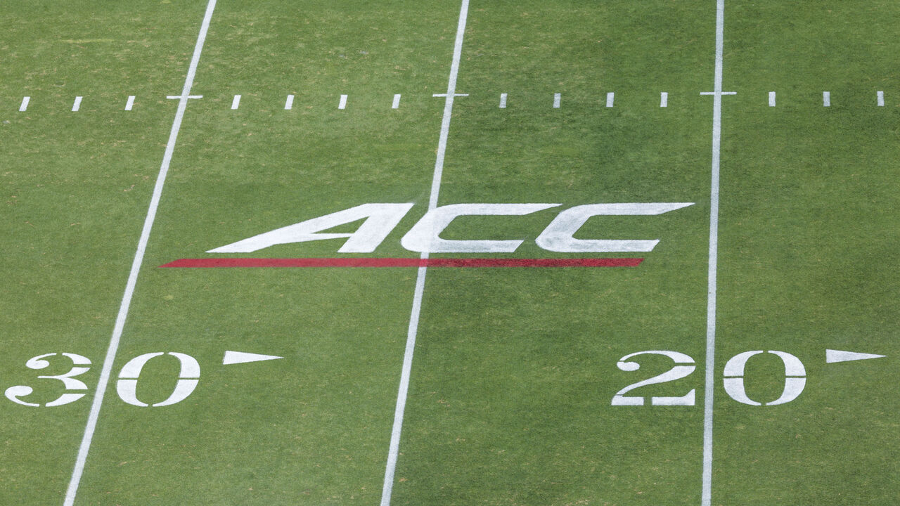 PALO ALTO, CA - SEPTEMBER 7: A high angle view of the ACC logo on the field at Stanford Stadium before an NCAA college football game between the Stanford Cardinal and the Cal Poly Mustangs on September 7, 2024 at Stanford Stadium in Palo Alto, California.