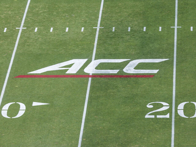 PALO ALTO, CA - SEPTEMBER 7: A high angle view of the ACC logo on the field at Stanford Stadium before an NCAA college football game between the Stanford Cardinal and the Cal Poly Mustangs on September 7, 2024 at Stanford Stadium in Palo Alto, California.