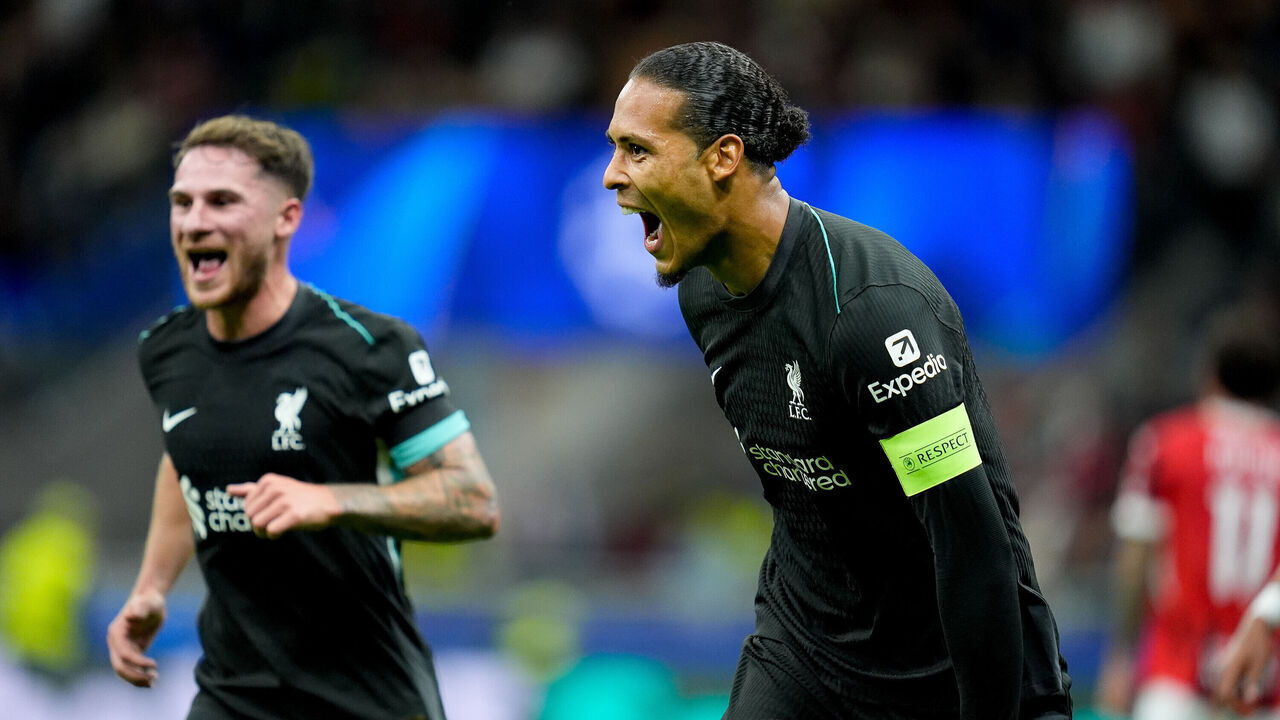 Virgil van Dijk of Liverpool FC celebrates after scoring second goal during the UEFA Champions League 2024/25 League Phase MD1 match between AC Milan and Liverpool FC at Stadio San Siro on September 17, 2024 in Milan, Italy.