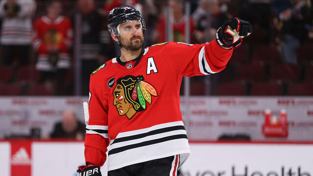 CHICAGO, IL - APRIL 14: Nick Foligno #17 of the Chicago Blackhawks points to the crowd after a game against the Carolina Hurricanes at the United Center on April 14, 2024 in Chicago, Illinois.