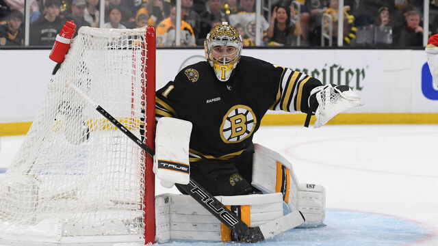 BOSTON, MASSACHUSETTS - MAY 17: Jeremy Swayman #1 of the Boston Bruins in the net during the third period against the Florida Panthers in Game Six of the Second Round of the 2024 Stanley Cup Playoffs at the TD Garden on May 17, 2024 in Boston, Massachusetts.