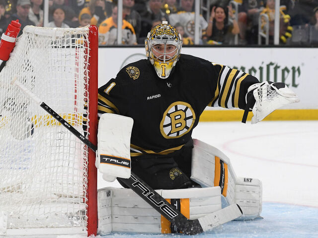 BOSTON, MASSACHUSETTS - MAY 17: Jeremy Swayman #1 of the Boston Bruins in the net during the third period against the Florida Panthers in Game Six of the Second Round of the 2024 Stanley Cup Playoffs at the TD Garden on May 17, 2024 in Boston, Massachusetts.
