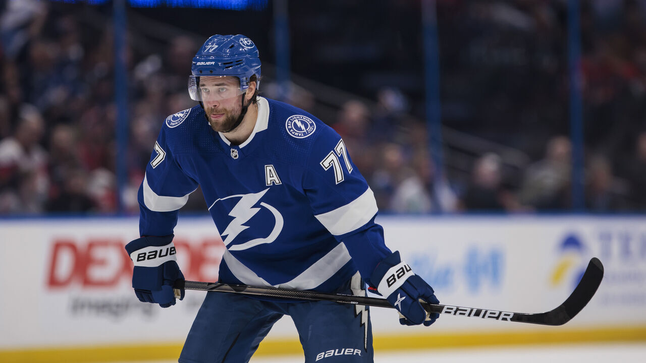 TAMPA, FL - APRIL 1: Victor Hedman #77 of the Tampa Bay Lightning against the Detroit Red Wings at Amalie Arena on April 1, 2024 in Tampa, Florida.