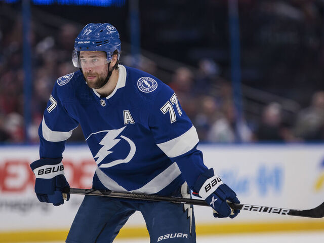 TAMPA, FL - APRIL 1: Victor Hedman #77 of the Tampa Bay Lightning against the Detroit Red Wings at Amalie Arena on April 1, 2024 in Tampa, Florida.