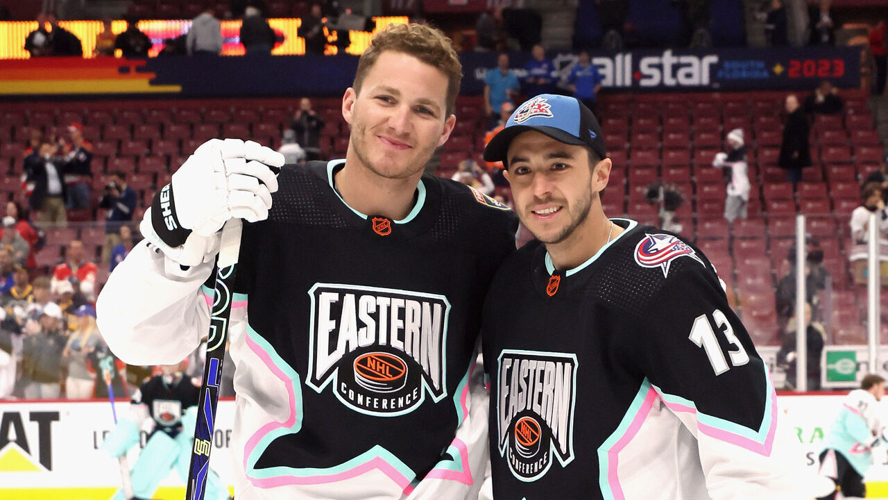 SUNRISE, FLORIDA - FEBRUARY 04: Former Calgary Flames players (L-R) Matthew Tkachuk and Johnny Gaudreau pose for photographers prior to the 2023 NHL All-Star Game at FLA Live Arena on February 04, 2023 in Sunrise, Florida.