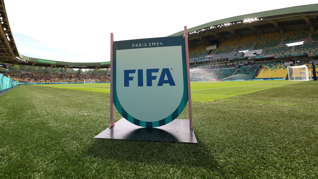 NANTES, FRANCE - JULY 25: General view inside the stadium as a sign with the FIFA logo can be seen prior to the Women's group C match between Spain and Japan during the Olympic Games Paris 2024 at Stade de la Beaujoire on July 25, 2024 in Nantes, France.