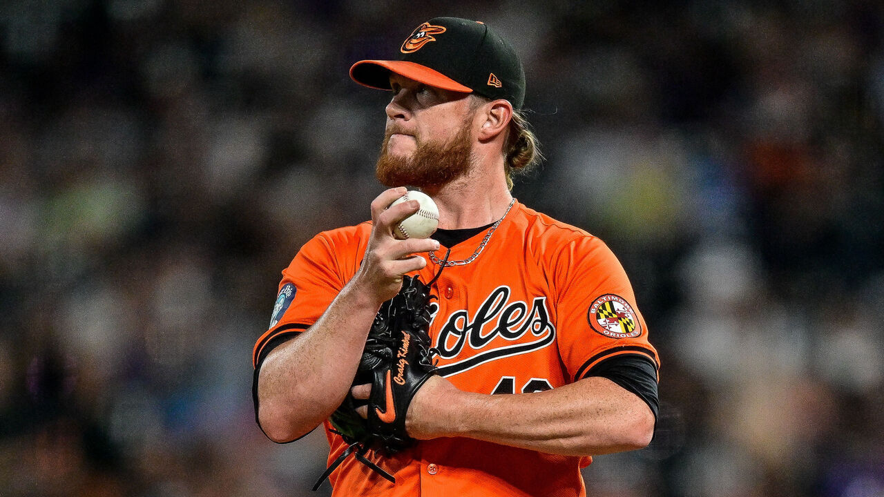 DENVER, COLORADO - AUGUST 31: Craig Kimbrel #46 of the Baltimore Orioles looks on as he pitches in the eighth inning against the Colorado Rockies at Coors Field on August 31, 2024 in Denver, Colorado.
