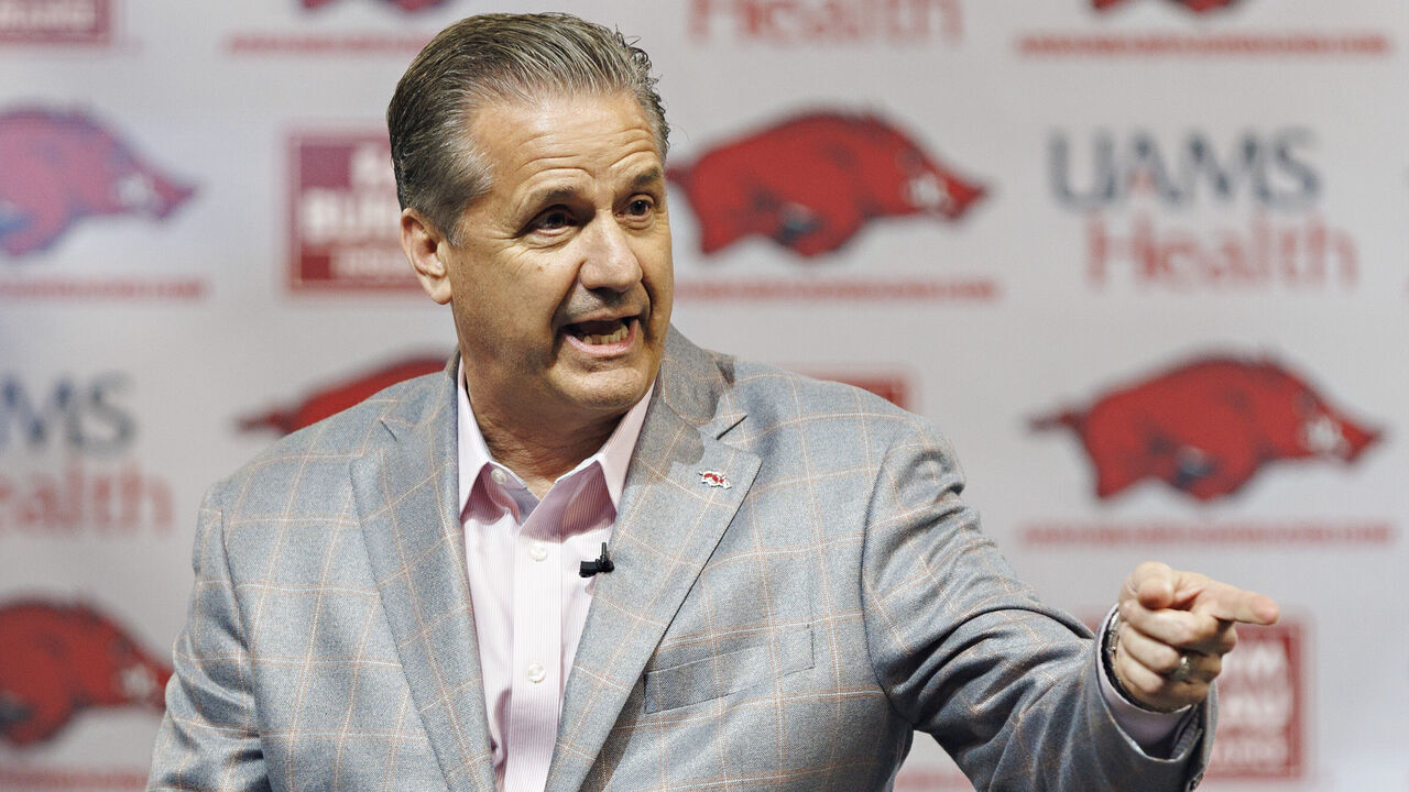 FAYETTEVILLE, ARKANSAS - APRIL 10: John Calipari is introduced as the new basketball Head Coach of the Arkansas Razorbacks at Bud Walton Arena on April 10, 2024 in Fayetteville, Arkansas.