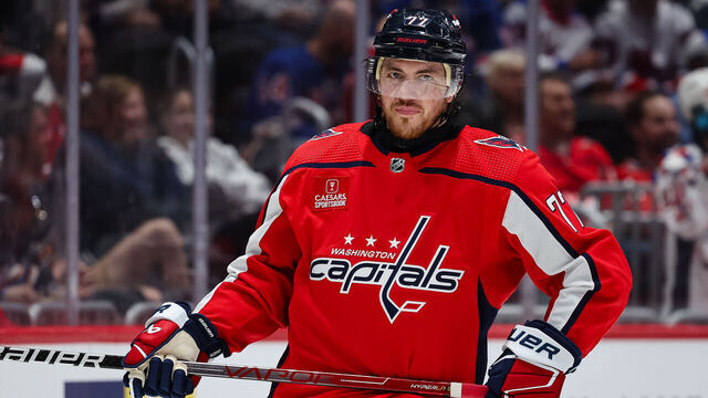 WASHINGTON, DC - APRIL 28: T.J. Oshie #77 of the Washington Capitals looks on against the New York Rangers during the third period in Game Four of the First Round of the 2024 Stanley Cup Playoffs at Capital One Arena on April 28, 2024 in Washington, DC.