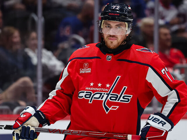 WASHINGTON, DC - APRIL 28: T.J. Oshie #77 of the Washington Capitals looks on against the New York Rangers during the third period in Game Four of the First Round of the 2024 Stanley Cup Playoffs at Capital One Arena on April 28, 2024 in Washington, DC.