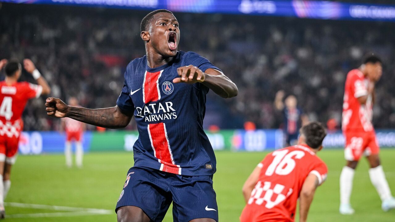 Paris, France - September 18: Nuno Mendes of Paris Saint-Germain celebrates after scoring his team's first goal during the UEFA Champions League 2024/25 League Phase MD1 match between Paris Saint-Germain and Girona FC at Parc des Princes on September 18, 2024 in Paris, France.