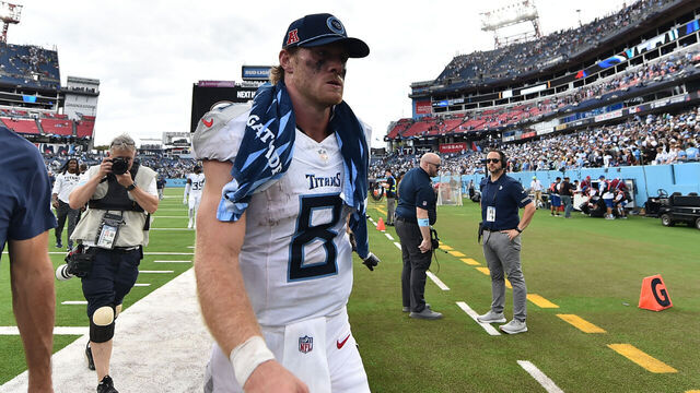 NASHVILLE, TENNESSEE - SEPTEMBER 15: Will Levis #8 of the Tennessee Titans leaves the field after losing to the New York Jets 24-17 at Nissan Stadium on September 15, 2024 in Nashville, Tennessee.