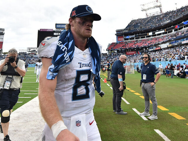 NASHVILLE, TENNESSEE - SEPTEMBER 15: Will Levis #8 of the Tennessee Titans leaves the field after losing to the New York Jets 24-17 at Nissan Stadium on September 15, 2024 in Nashville, Tennessee.