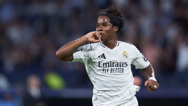 MADRID, SPAIN - SEPTEMBER 17: Endrick of Real Madrid celebrates after scoring his team's third goal during the UEFA Champions League 2024/25 League Phase MD1 match between Real Madrid CF and VfB Stuttgart at Estadio Santiago Bernabeu on September 17, 2024 in Madrid, Spain.