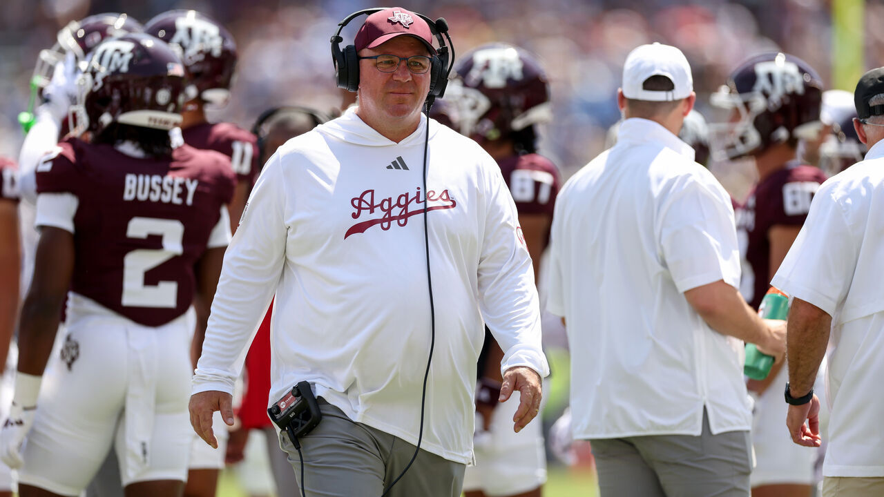COLLEGE STATION, TEXAS - SEPTEMBER 07: Head coach Mike Elko of the Texas A&M Aggies watches on the sideline in the first half against the McNeese State Cowboys at Kyle Field on September 07, 2024 in College Station, Texas.