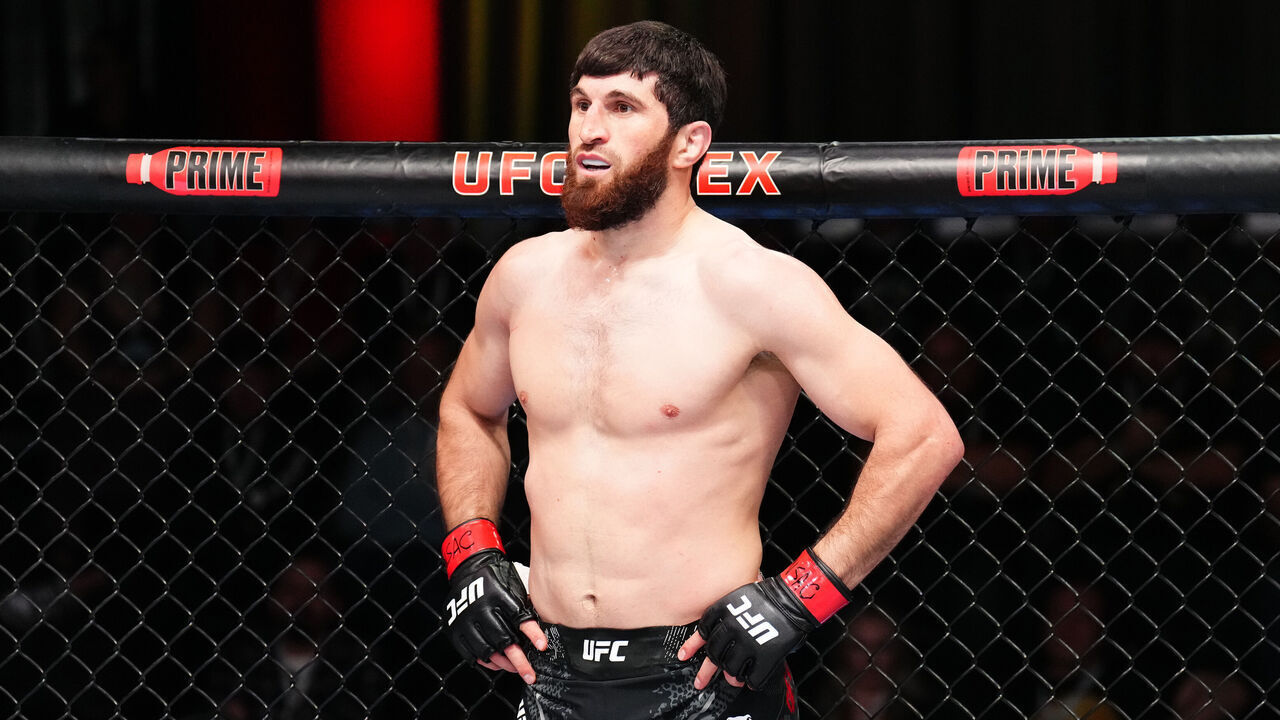 LAS VEGAS, NEVADA - JANUARY 13: Magomed Ankalaev of Russia reacts against Johnny Walker of Brazil in a light heavyweight fight during the UFC Fight Night event at UFC APEX on January 13, 2024 in Las Vegas, Nevada.