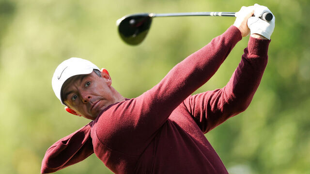 VIRGINIA WATER, ENGLAND - SEPTEMBER 19: Rory McIlroy of Northern Ireland tees off on the 17th hole during day one of the BMW PGA Championship 2024 at Wentworth Club on September 19, 2024 in Virginia Water, England.