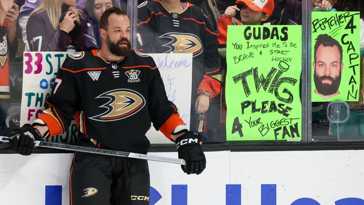 ANAHEIM, CA - APRIL 12: Radko Gudas #7 of the Anaheim Ducks looks on during warm ups prior to the game against the Calgary Flames at Honda Center on April 12, 2024 in Anaheim, California.