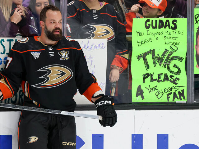ANAHEIM, CA - APRIL 12: Radko Gudas #7 of the Anaheim Ducks looks on during warm ups prior to the game against the Calgary Flames at Honda Center on April 12, 2024 in Anaheim, California.