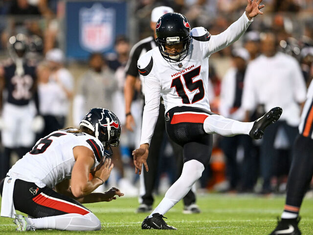 CANTON, OHIO - AUGUST 01: Ka'imi Fairbairn #15 of the Houston Texans kicks a 33-yard field goal during the first half of the 2024 Pro Football Hall of Fame Game against the Chicago Bears at Tom Benson Hall Of Fame Stadium on August 01, 2024 in Canton, Ohio.