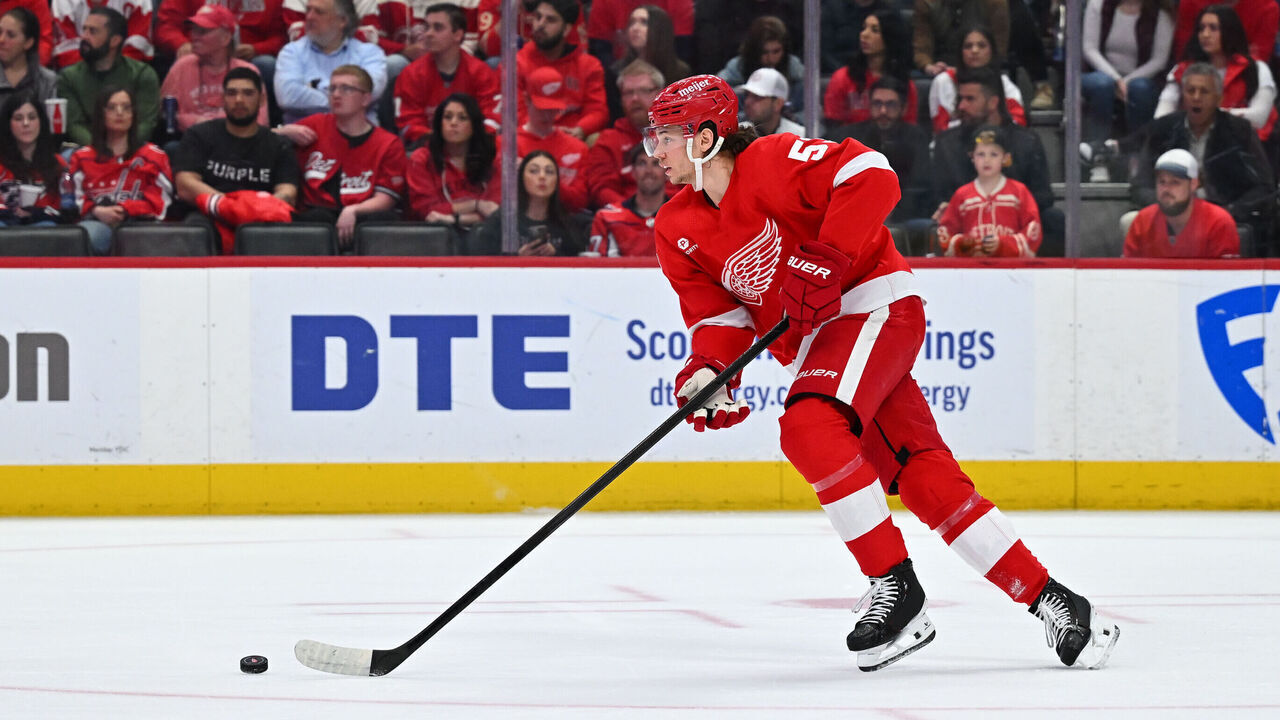DETROIT, MI - APRIL 09 Detroit Red Wings defenseman Moritz Seider (53) during the game between the Detroit Red Wings and the Washington Capitals Thursday April 9, 2024 at Little Caesars Arena in Detroit, MI.