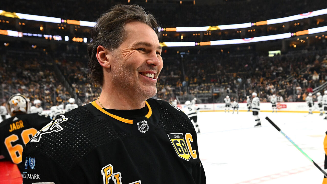 PITTSBURGH, PA - FEBRUARY 18: Jaromir Jagr skates during warm ups after having his number retired and banner raised to the rafters before the game between the Pittsburgh Penguins and the Los Angeles Kings at PPG PAINTS Arena on February 18, 2024 in Pittsburgh, Pennsylvania.