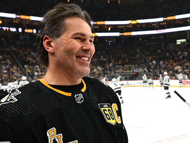 PITTSBURGH, PA - FEBRUARY 18: Jaromir Jagr skates during warm ups after having his number retired and banner raised to the rafters before the game between the Pittsburgh Penguins and the Los Angeles Kings at PPG PAINTS Arena on February 18, 2024 in Pittsburgh, Pennsylvania.