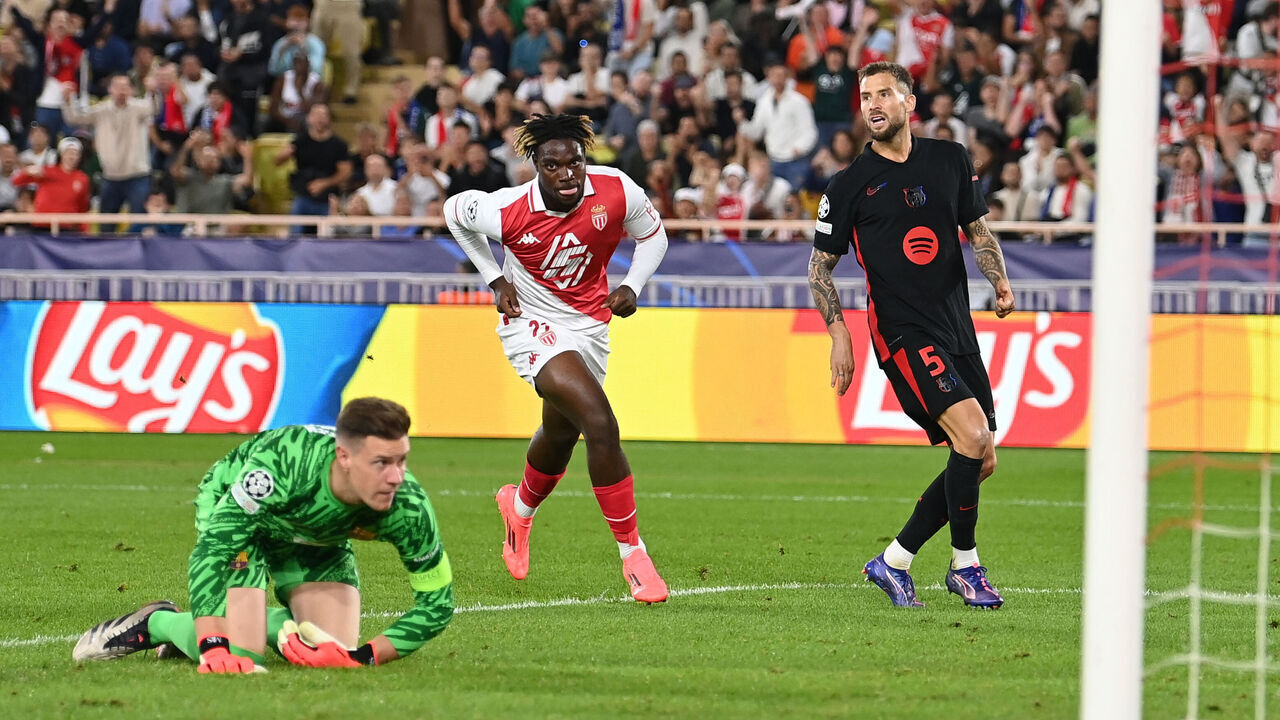 MONACO, MONACO - SEPTEMBER 19: George Ilenikhena of AS Monaco celebrates 2nd goal during the UEFA Champions League 2024/25 League Phase MD1 match between AS Monaco and FC Barcelona at Stade Louis II on September 19, 2024 in Monaco, Monaco.