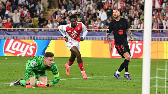 MONACO, MONACO - SEPTEMBER 19: George Ilenikhena of AS Monaco celebrates 2nd goal during the UEFA Champions League 2024/25 League Phase MD1 match between AS Monaco and FC Barcelona at Stade Louis II on September 19, 2024 in Monaco, Monaco.