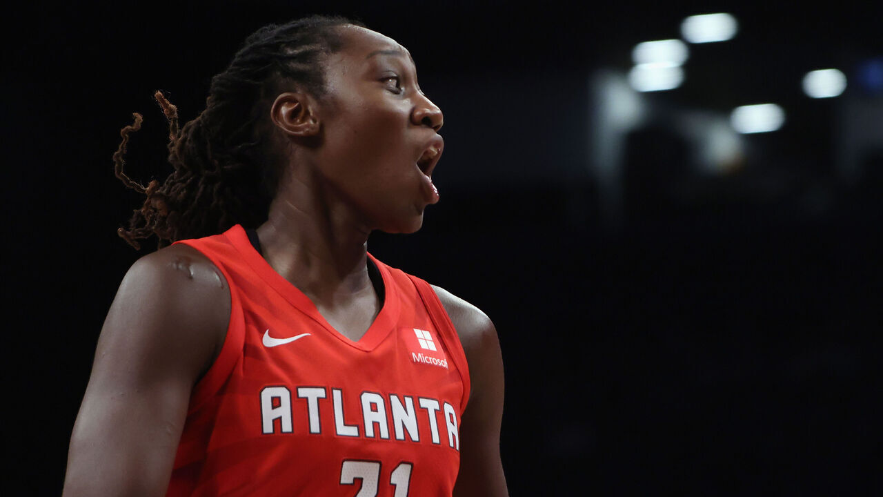 NEW YORK, NEW YORK - SEPTEMBER 19: Tina Charles #31 of the Atlanta Dream plays against the New York Liberty at Barclays Center on September 19, 2024 in the Brooklyn borough of New York City.