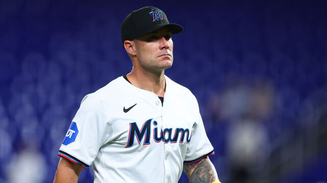 MIAMI, FLORIDA - SEPTEMBER 03: Skip Schumaker #45 of the Miami Marlins looks on during the second inning of the game against the Washington Nationals at loanDepot park on September 03, 2024 in Miami, Florida.